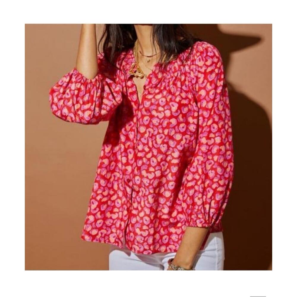 Tucker Classic Blouse Cotton Silk Pink Red Leopard Hugs & Kittens S NWT